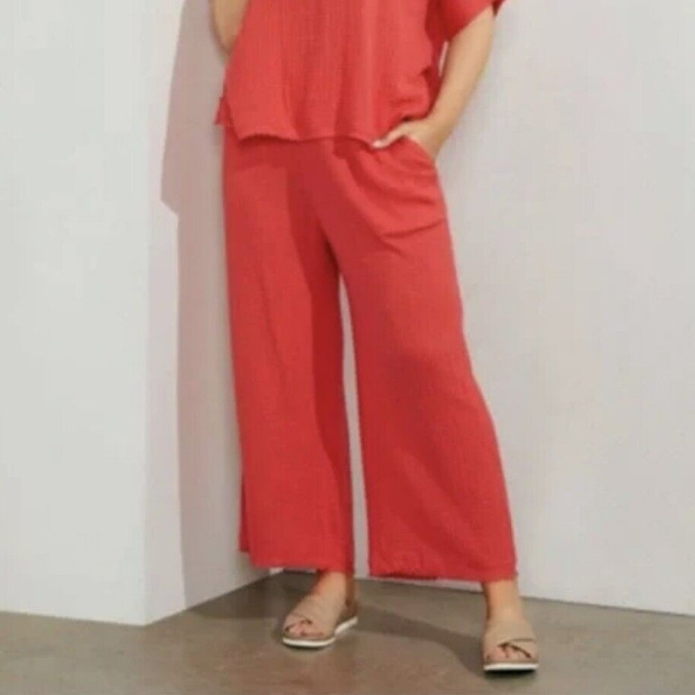 EILEEN FISHER Watermelon Organic Cotton Gauze Wide-Leg Pant Size S